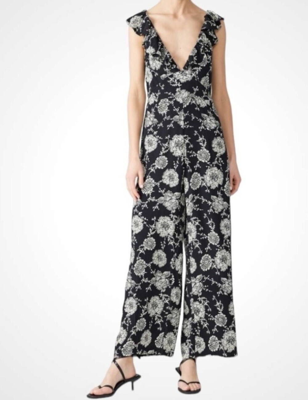 Cleobella Black and White 'Toledo' Floral Halter Wide-Leg Jumpsuit - Size M